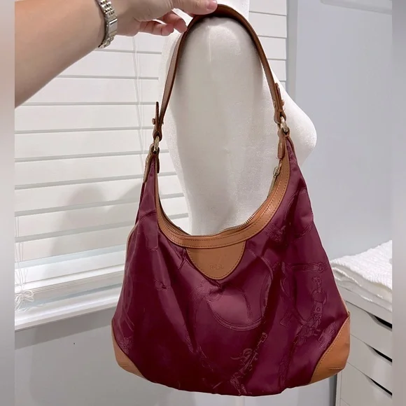Vintage Ralph Lauren Burgundy Wine and Brown Leather Trim Shoulder bag - Picture 1 of 8